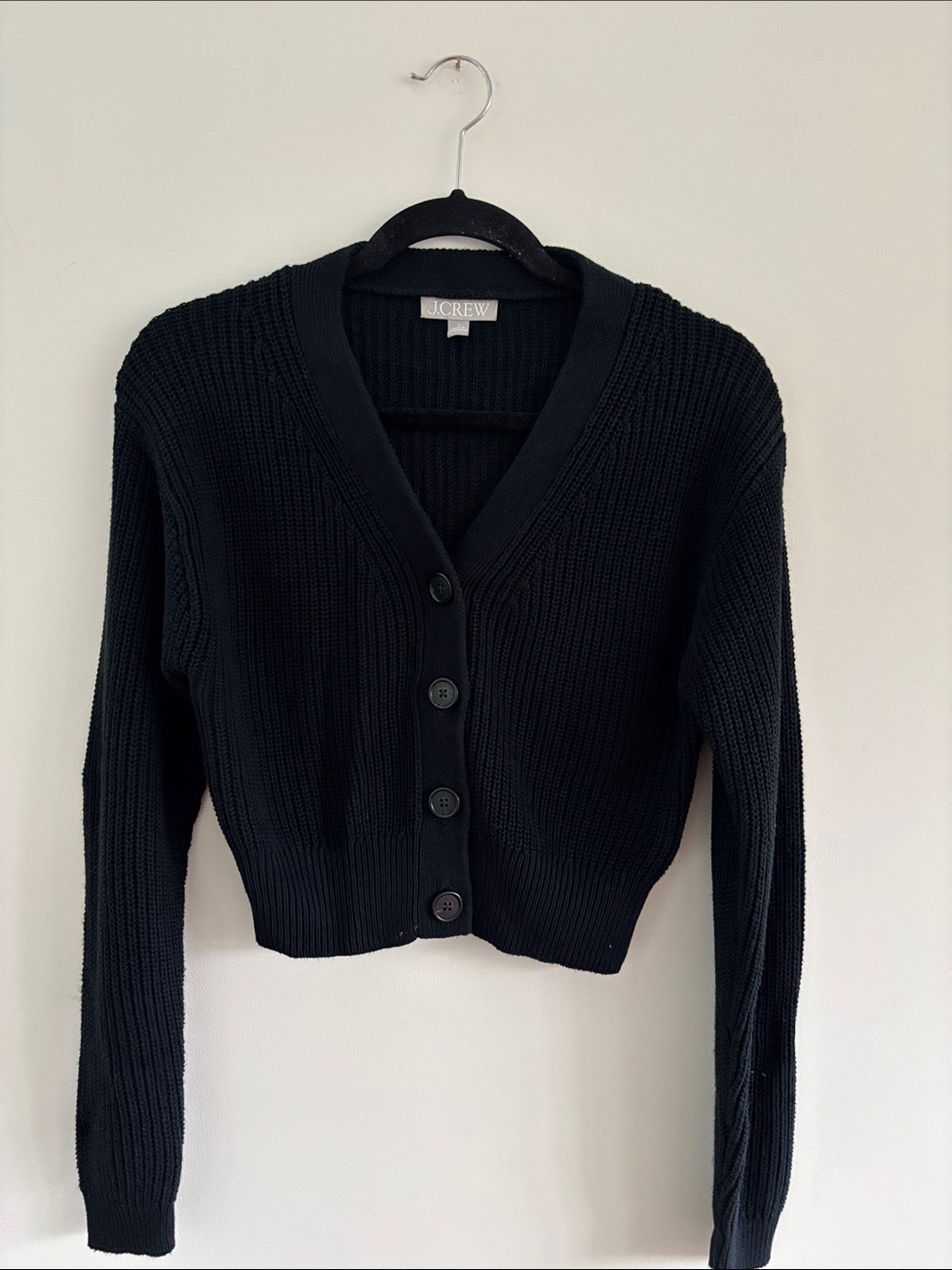 J. Crew Black Cropped Ribbed V-Neck Button Cardigan